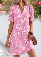 Polka Dot Tummy Coverage Pink Short Split Neck Dress