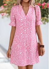 Polka Dot Tummy Coverage Pink Short Split Neck Dress