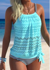 Mid Waisted Striped Blouson Cyan Tankini Set
