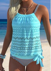 Mid Waisted Striped Blouson Cyan Tankini Set