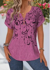 Floral Print Curved Hem Violet Short Sleeve Blouse