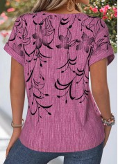 Floral Print Curved Hem Violet Short Sleeve Blouse