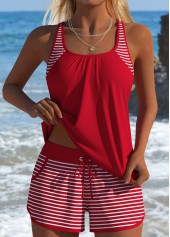 Mid Waisted Striped Tummy Coverage Red Tankini Set