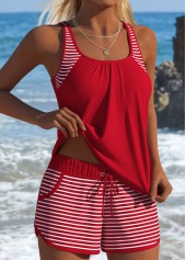 Mid Waisted Striped Tummy Coverage Red Tankini Set
