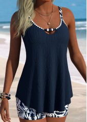 Mid Waisted Tropical Plants Print Curved Hem Tankini Set