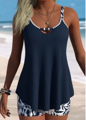 Mid Waisted Tropical Plants Print Curved Hem Tankini Set
