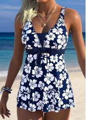 Mid Waisted Floral Print Tummy Coverage Navy Tankini Set