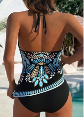 Mid Waisted Leaf Print Tummy Coverage Black Tankini Set