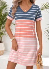 Multi Stripe Print Tummy Coverage Short V Neck Dress