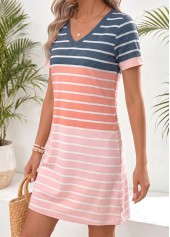 Multi Stripe Print Tummy Coverage Short V Neck Dress