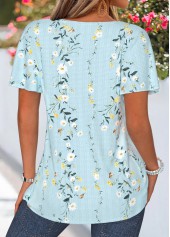Floral Print Patchwork Light Blue Short Sleeve T Shirt