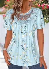 Floral Print Patchwork Light Blue Short Sleeve T Shirt