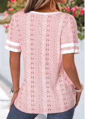 Patchwork Light Pink Short Sleeve Split Neck T Shirt