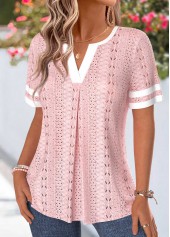 Patchwork Light Pink Short Sleeve Split Neck T Shirt