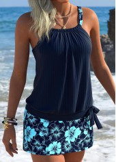 Mid Waisted Floral Print Blouson Navy Tankini Set