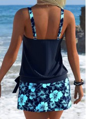 Mid Waisted Floral Print Blouson Navy Tankini Set