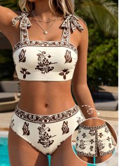 Mid Waisted Random Floral Print Three-piece Beige Bikini Set