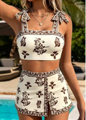 Mid Waisted Random Floral Print Three-piece Beige Bikini Set