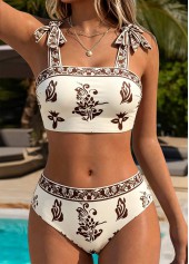 Mid Waisted Random Floral Print Three-piece Beige Bikini Set