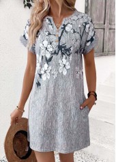 Floral Print Double Side Pockets Grey Short Dress
