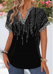 Ombre Tummy Coverage Black Short Sleeve Split Neck Blouse