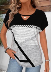 Geometric Print Black Short Sleeve Round Neck T Shirt