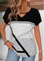 Geometric Print Black Short Sleeve Round Neck T Shirt