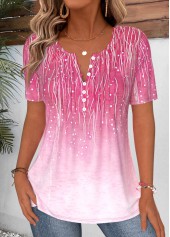 Ombre Curved Hem Hot Pink Short Sleeve T Shirt