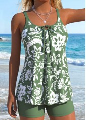 Mid Waisted Random Floral Print Lace Up Tankini Set