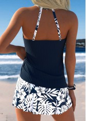 Mid Waisted Tropical Plants Print Navy Tankini Set