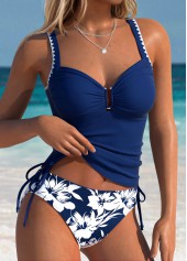 Mid Waisted Floral Print Tummy Coverage Navy Tankini Set