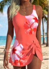 Tropical Plants Print Adjustable Tie Orange One Piece Swimdress