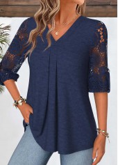Curved Hem Navy 3/4 Sleeve V Neck Blouse