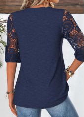 Curved Hem Navy 3/4 Sleeve V Neck Blouse