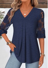Curved Hem Navy 3/4 Sleeve V Neck Blouse