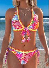 Mid Waisted Floral Print Patchwork Red Bikini Set