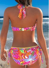 Mid Waisted Floral Print Patchwork Red Bikini Set