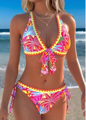 Mid Waisted Floral Print Patchwork Red Bikini Set