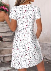 Floral Print Tuck Stitch White Short V Neck Dress
