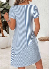 Striped Asymmetry Blue Short Asymmetrical Neck Dress