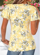 Floral Print Twist Yellow Short Sleeve T Shirt