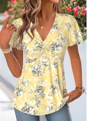 Floral Print Twist Yellow Short Sleeve T Shirt
