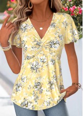 Floral Print Twist Yellow Short Sleeve T Shirt