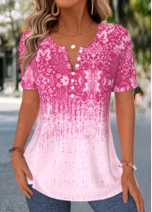 Tribal Print Curved Hem Hot Pink T Shirt