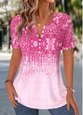 Tribal Print Curved Hem Hot Pink T Shirt
