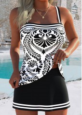 Mid Waisted Tribal Print Thigh Slimmer Beige Tankini Set