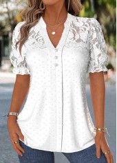 Patchwork Raw White Short Sleeve Split Neck Blouse