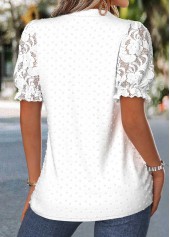 Patchwork Raw White Short Sleeve Split Neck Blouse