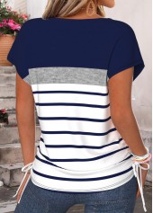 Striped Bowknot Navy Short Sleeve V Neck T Shirt