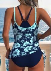 Mid Waisted Floral Print Drawstring Navy Tankini Set
